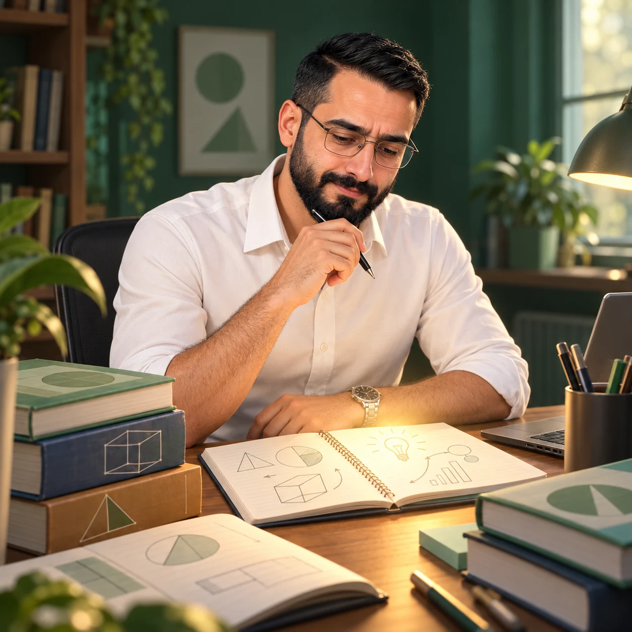 مصطفی کنار کتاب‌ها و دفترش، در حال فکرکردن به راهی برای کمک به دانش‌آموزها